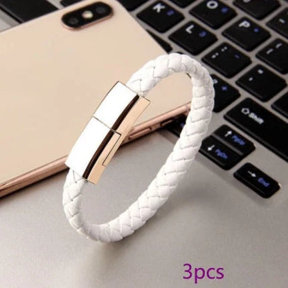 Stylish leather bracelet with built-in charging cable for smartphones and USB-C devices