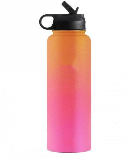 Stainless steel insulated water bottle with wide mouth and push-button lid for hot and cold beverages