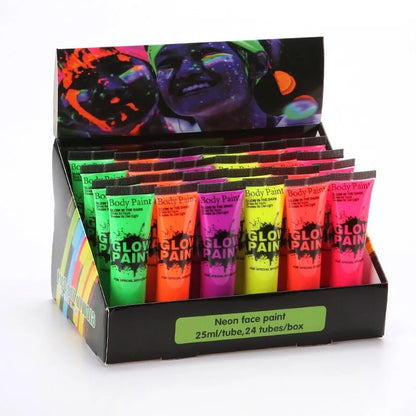 25ml neon face and body paint tubes in red, yellow, green, purple, orange, and pink colours with non-toxic safety