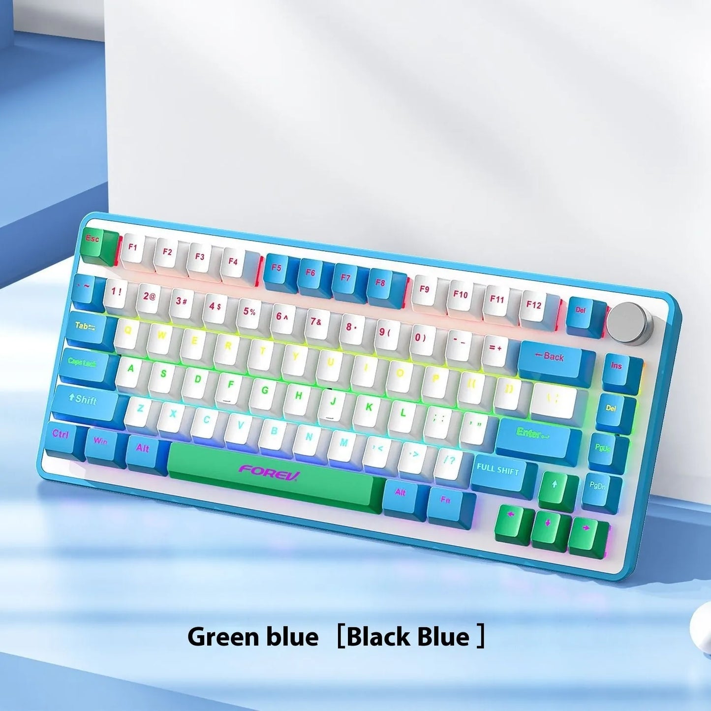 Mechanical keyboard and wireless mouse set in a chosen colour like beige gray or sky blue on a desk.