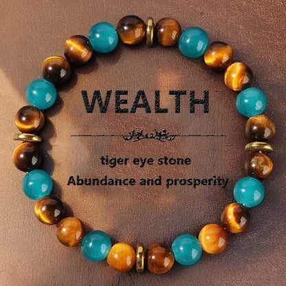 Adjustable natural crystal bracelet showing 15mm beads on elastic cord in blue colour variation