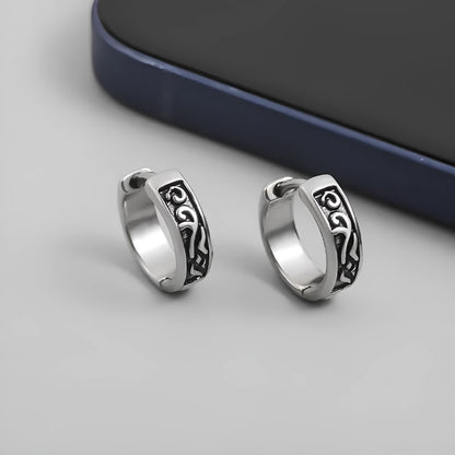 Men's geometric copper hip-hop earrings on a flat surface, showing 10mm and 14mm size options.