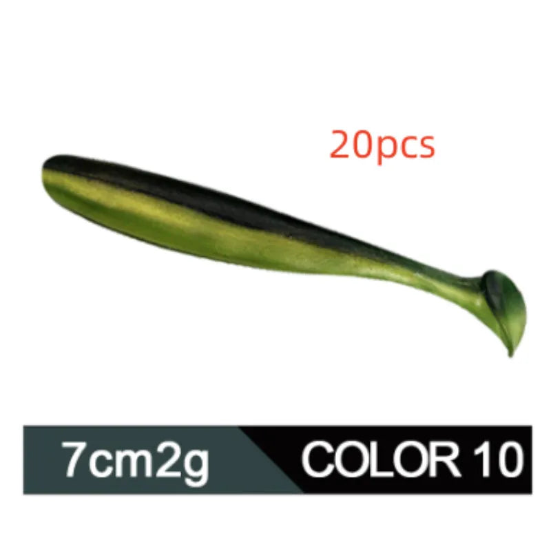 Soft plastic worm lure with a two-tone T tail, shown in one of its 14 colour options.