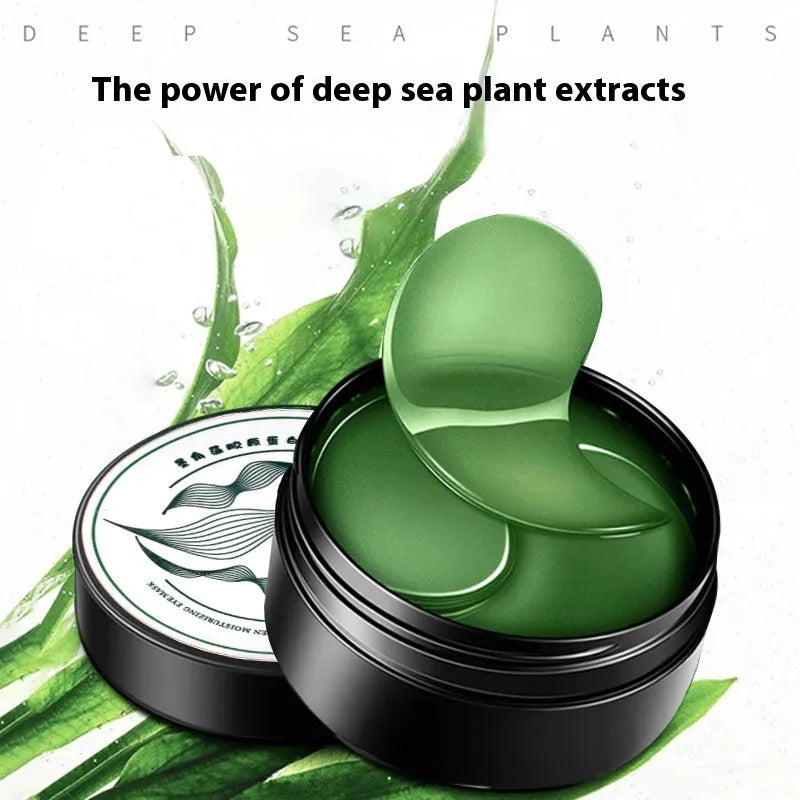 Eye mask with green seaweed extract for moisturising, containing seaweed collagen essence and sodium hyaluronate in a pack of 60 sheet-form eye patches designed for facial skincare.