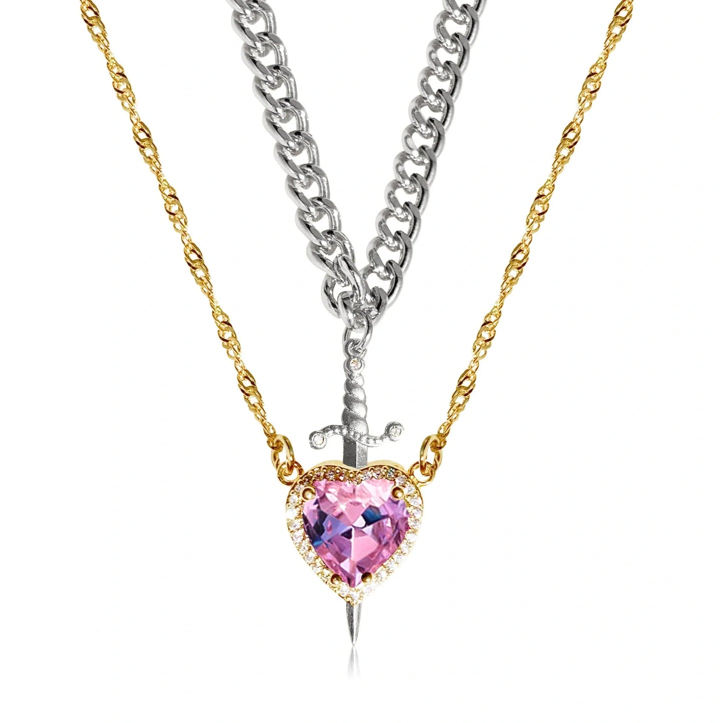 Gothic Punk Heart Dagger Couple Necklace with sparkling red rhinestones
