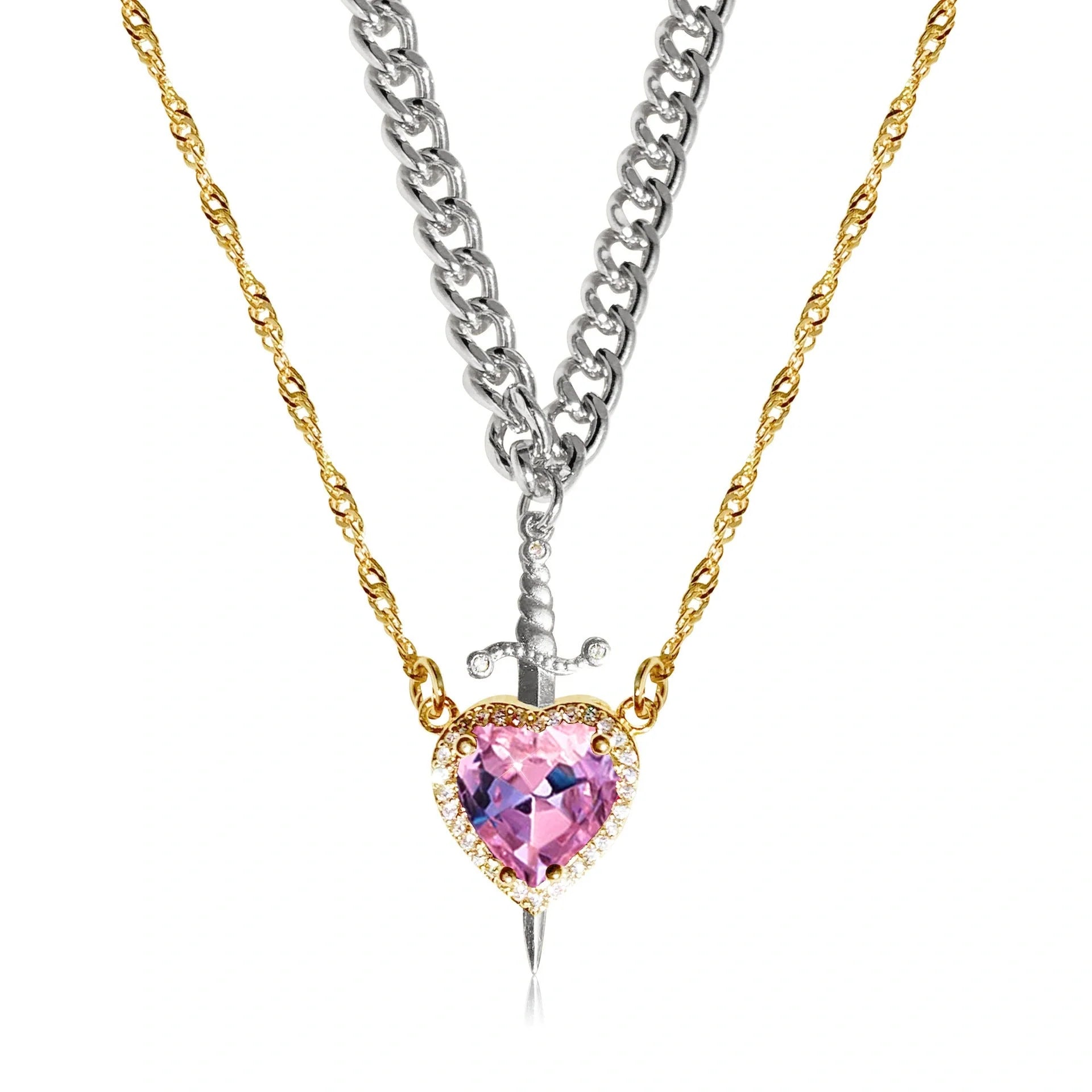 Gothic Punk Heart Dagger Couple Necklace with sparkling red rhinestones