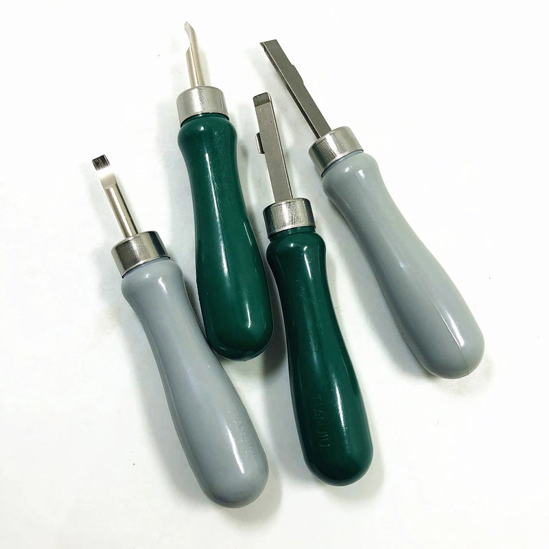 Watch back cover removal tool set with double head or elbow pry knives in green or grey for mechanical watch repair and maintenance, 1-piece alloy plastic construction moderate size metric standard suitable for DIY watch servicing