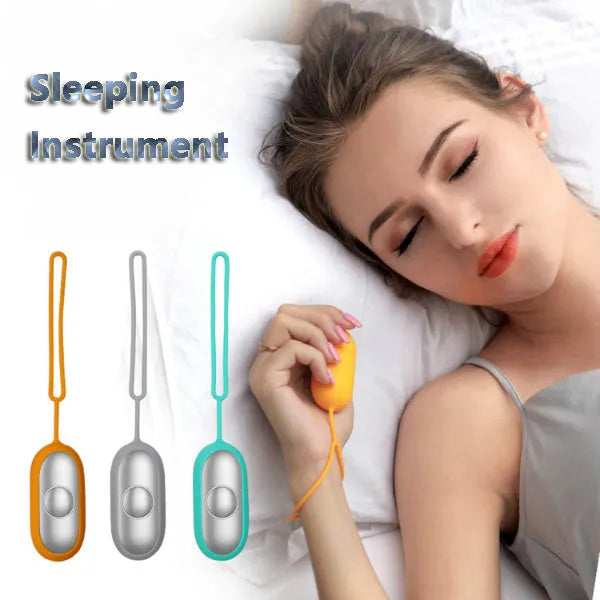 Hand-held micro-current sleep aid device in grey, green, or orange with round button and USB charging port