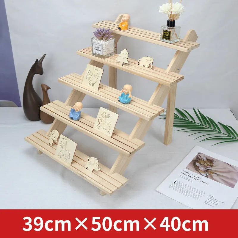 Multi-layer wooden stepped shelf in natural wood or walnut colour, shown in 2 to 5 tier floor-standing versions