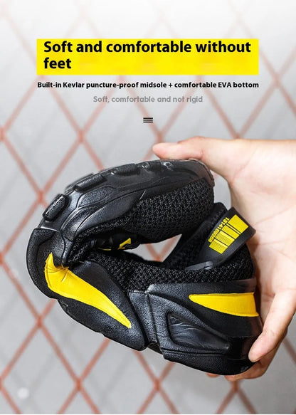 Men's low-top black work shoe with Flyknit upper and steel toe cap on a grey background