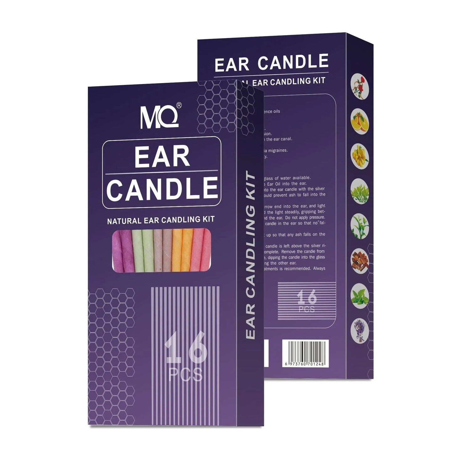 Boxed set of 16 cotton cloth ear candles, 8 protection boards, and 16 swabs in various colours