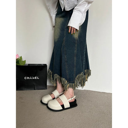 Retro Korean style closed toe sandals with ankle buckle in black, brown, and apricot colours