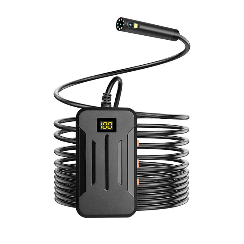 F300 wireless dual lens endoscope with IP68 waterproof probe, magnet, and hook accessories on a table.