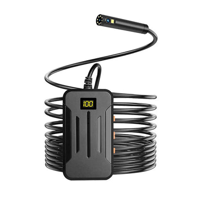 F300 wireless dual lens endoscope with IP68 waterproof probe, magnet, and hook accessories on a table.