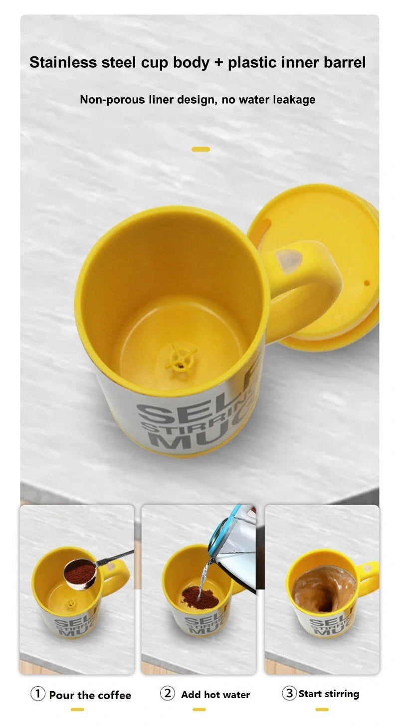 Self-stirring magnetic mug in stainless steel with food-grade PP plastic lid