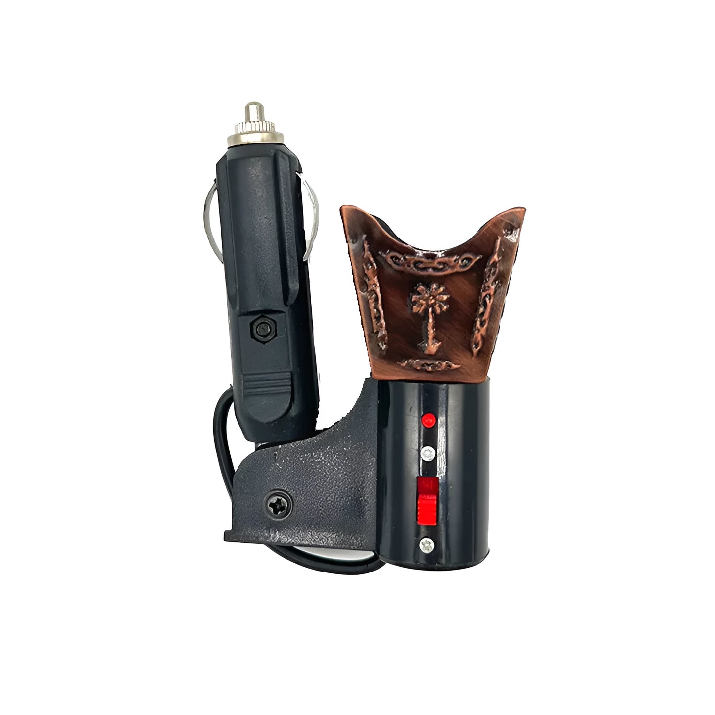 Car mounted plug-in incense burner in metallic finish with classical design for vehicle aromatherapy