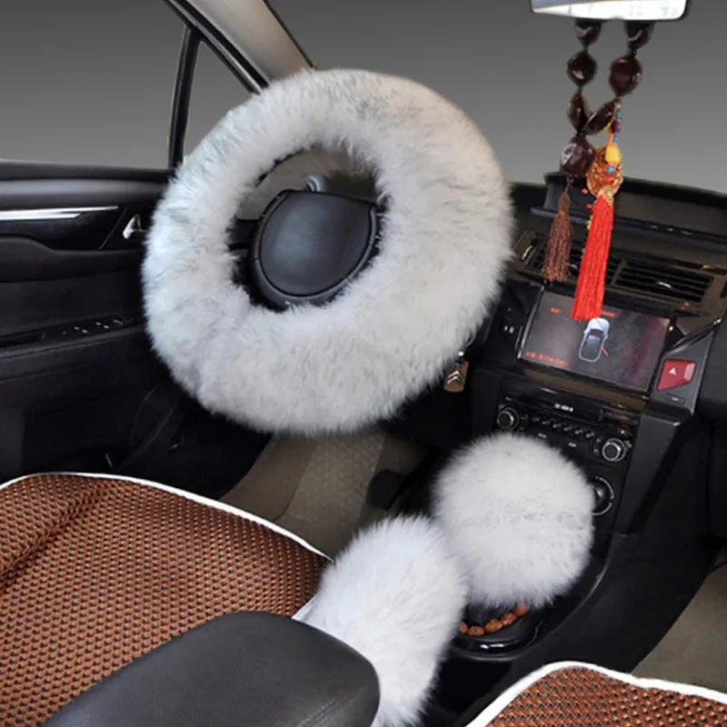 Wool steering wheel cover and handle cover set for car interiors