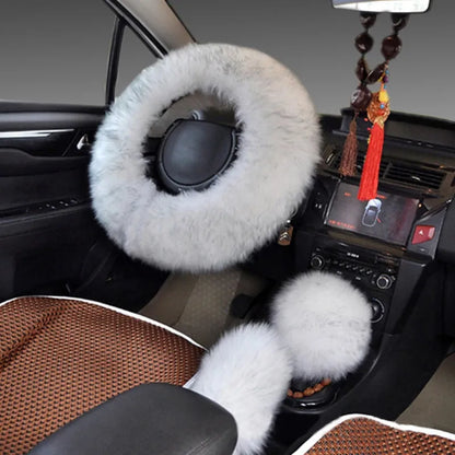 Wool steering wheel cover and handle cover set for car interiors