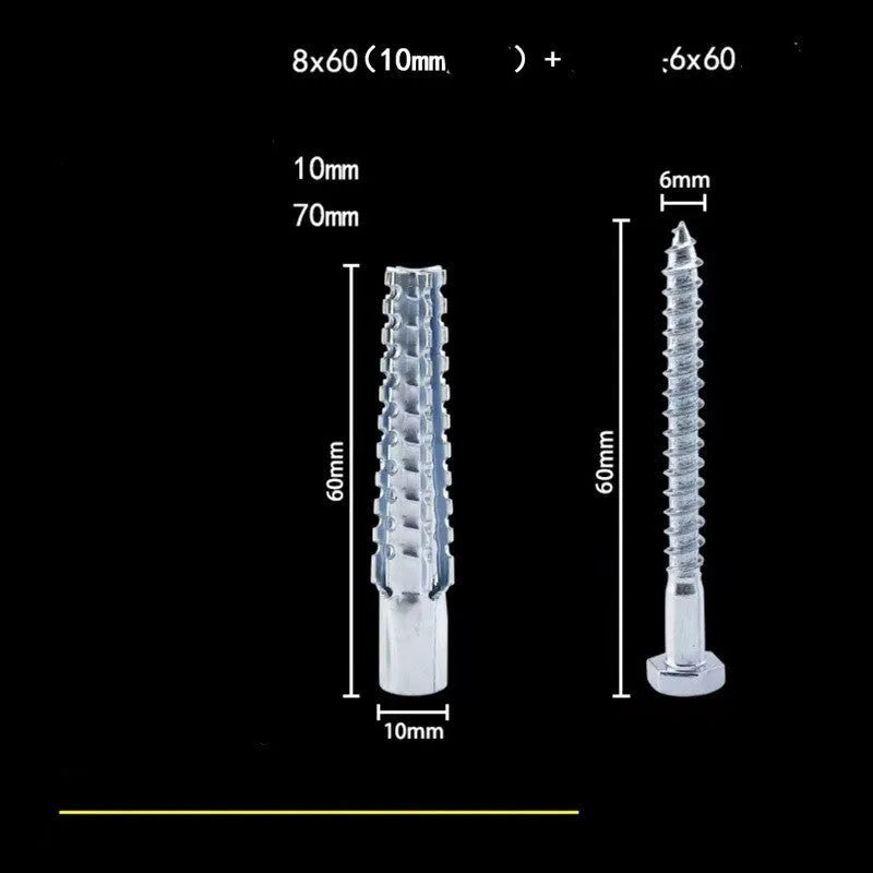 Barbed serrated metal expansion screw anchor for brick and concrete walls in various sizes.