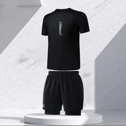 Men's plus size swimming trunks and top set in polyester fabric on a mannequin.