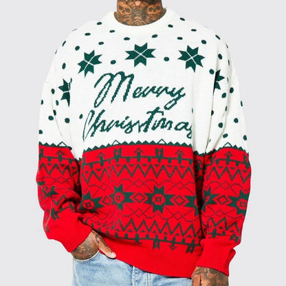 Cozy knit pullover sweater in green and white colors, featuring a relaxed, loose-fitting silhouette and premium jacquard texture.