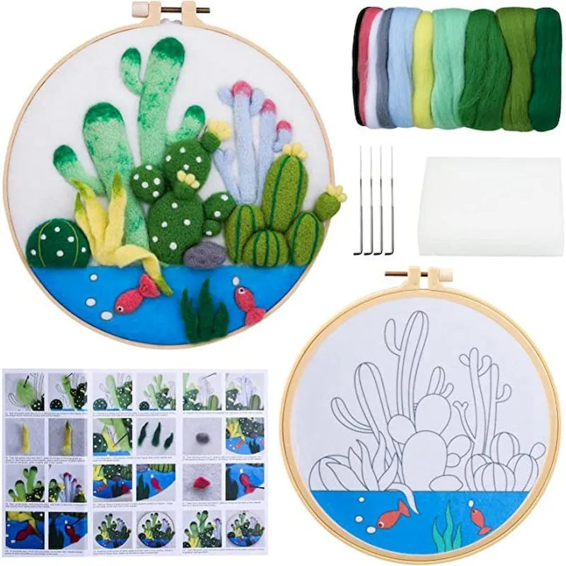 Round three-dimensional embroidery kit with linen fabric, wool felt pieces, and embroidery frame for 20x20 cm blanket painting