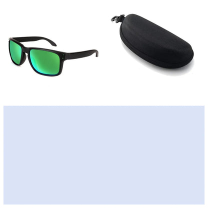 Men's sports sunglasses with polarised lenses in multiple colour options including blue, green, and grey plastic frames