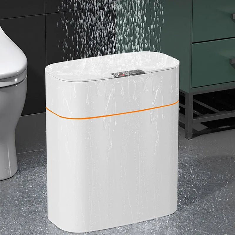 White smart induction trash can with automatic opening lid for kitchen or bathroom use