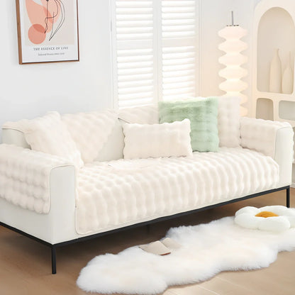 Flannelette sofa cushion with bubble plush texture in square pattern, available in multiple sizes and colours