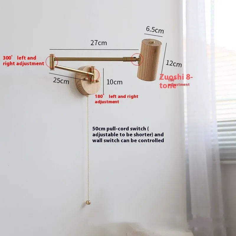 Retro wooden wall lamp with long rotating arm and integrated switch for adjustable spotlighting