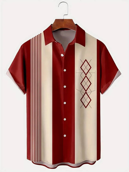 Men's plaid short-sleeve shirt with contrast lapel, shown in a loose cardigan style.