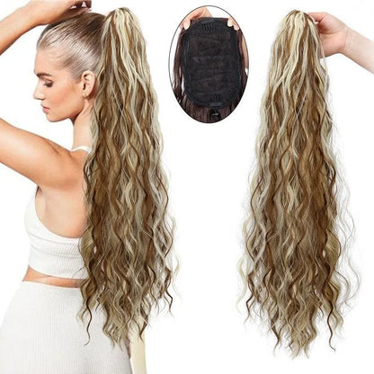 Water ripple long curly synthetic hair extension with drawstring ponytail attachment in multiple colour options