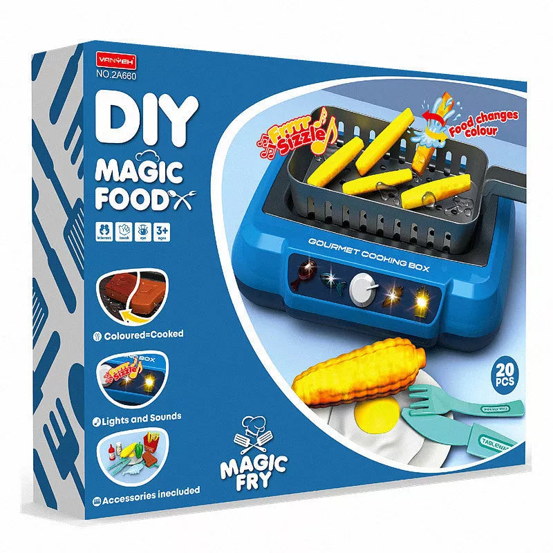 Children's induction kitchen toy set with colour-changing food feature, red and blue options