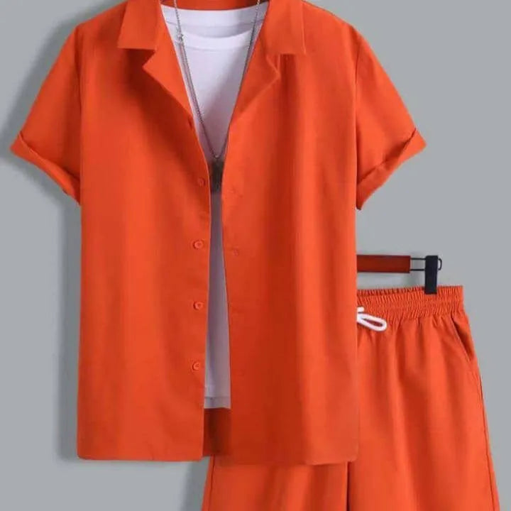 Men's short sleeve Cuban collar sport suit set with matching polyester shorts in multiple colour options