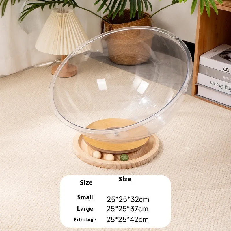 Transparent acrylic space capsule cat bed on a turntable base for cats.