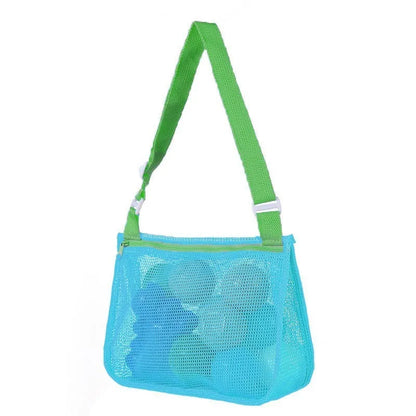 Blue children's drawstring travel storage bag made of nylon mesh for organising toys and clothes.