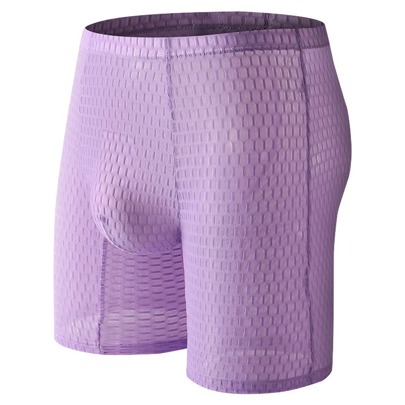 Men's solid-colour lace boxer shorts with a hip-lifting shaping design.