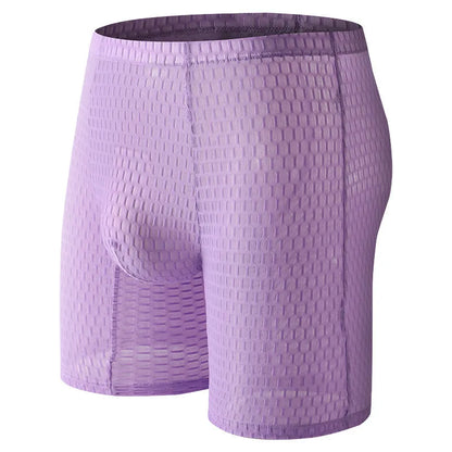 Men's solid-colour lace boxer shorts with a hip-lifting shaping design.