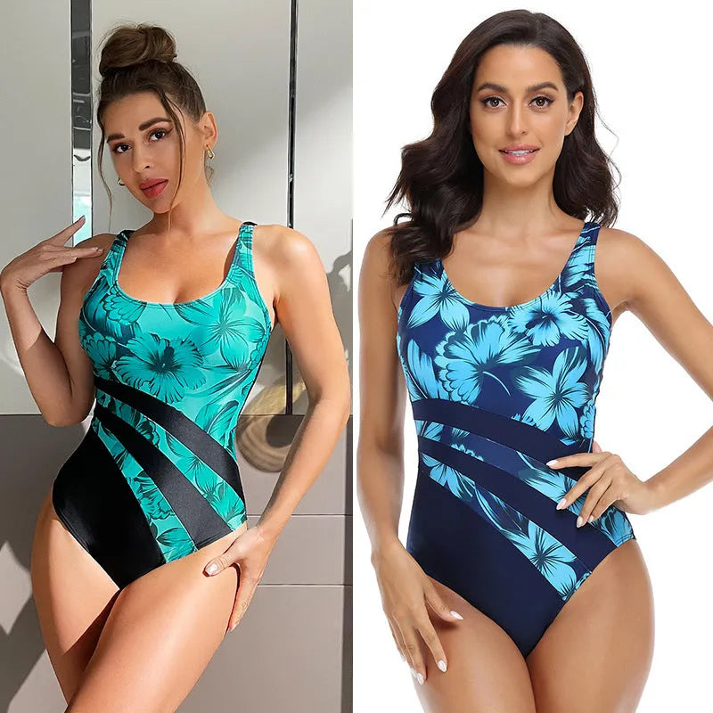 Women's conservative one-piece swimsuit, printed chemical fibre blend fabric, tight-fitting design, suitable for swimming and wading, available in blue or green colours and sizes S, M, L, XL, XXL.