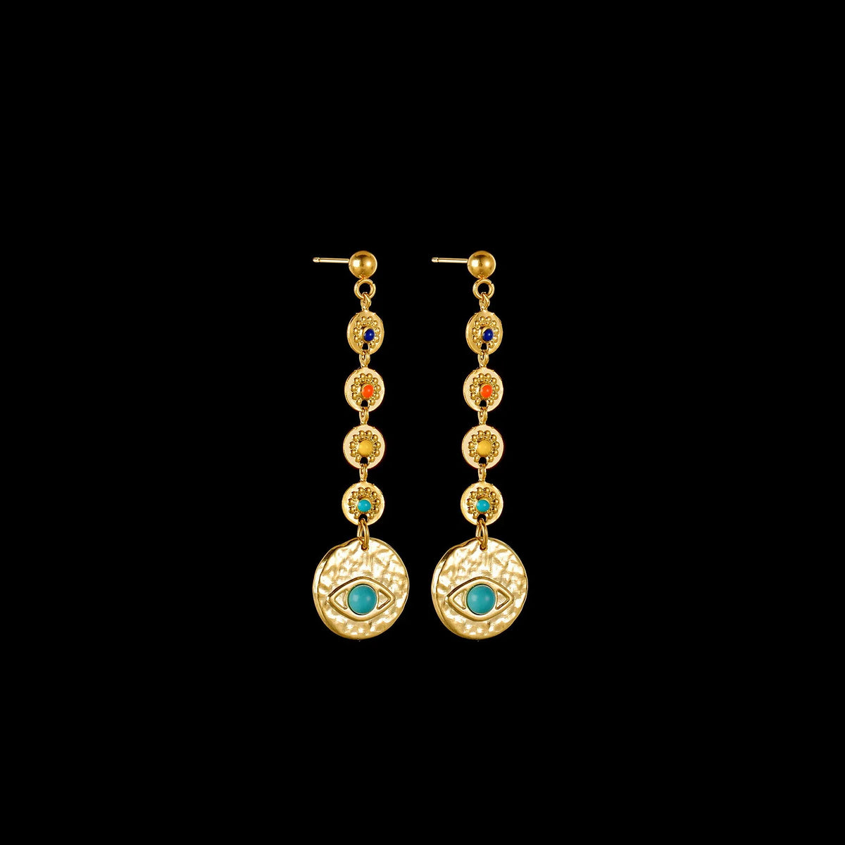 Geometric stainless steel earrings showing Eight Awn Star, Eye and Shell Sun designs