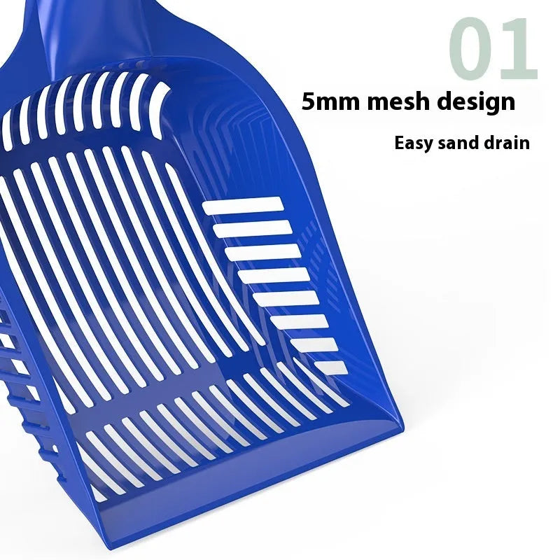 Red plastic cat litter scoop showing dimensions and PP construction for waste removal