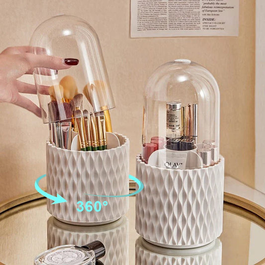 Rotating acrylic makeup brush holder with transparent dust cover for easy access and brush protection