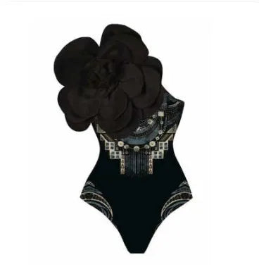 Women's one-piece swimsuit with three-dimensional flower print, tight European American fit.