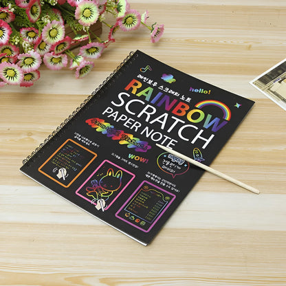 Children's large scratch art paper showing colourful patterns revealed through scraping