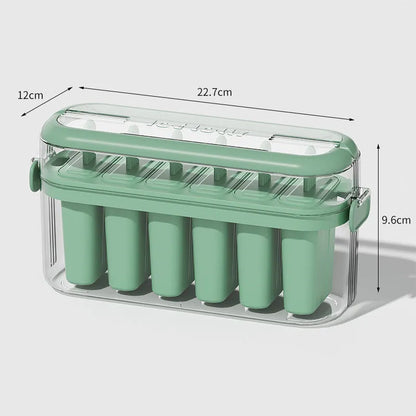 Green or beige portable popsicle mould for making homemade ice cream measuring 23.4 x 7.7 x 12 cm
