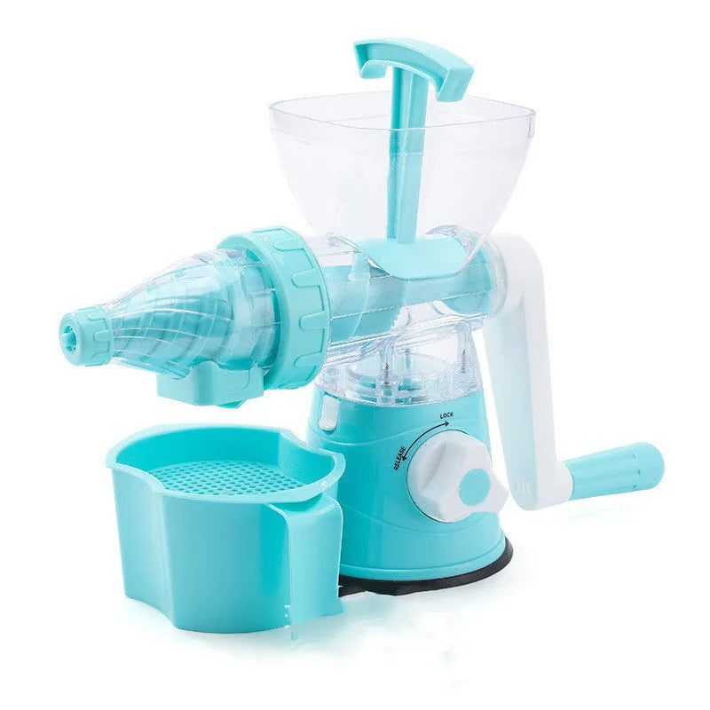 Red manual plastic citrus juicer with a labour-saving lever on a kitchen counter.