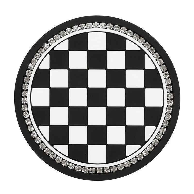 PVC plastic car cup holder mat with non-slip textured surface in black and white checkerboard pattern