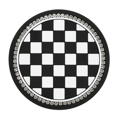 PVC plastic car cup holder mat with non-slip textured surface in black and white checkerboard pattern
