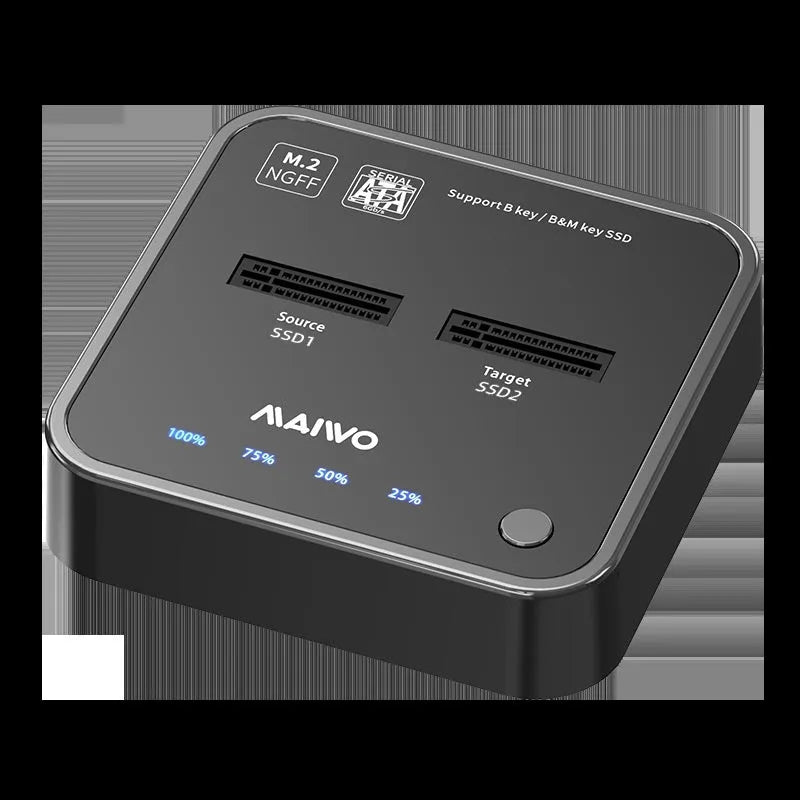 MAIWO K3016 M.2 SSD docking station duplicator with two inserted solid-state drives and USB cables