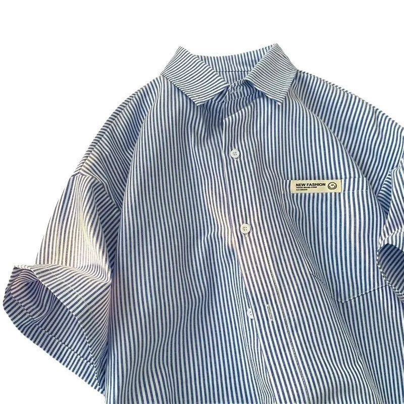 Loose plus size striped half sleeve shirt in blue or green colour